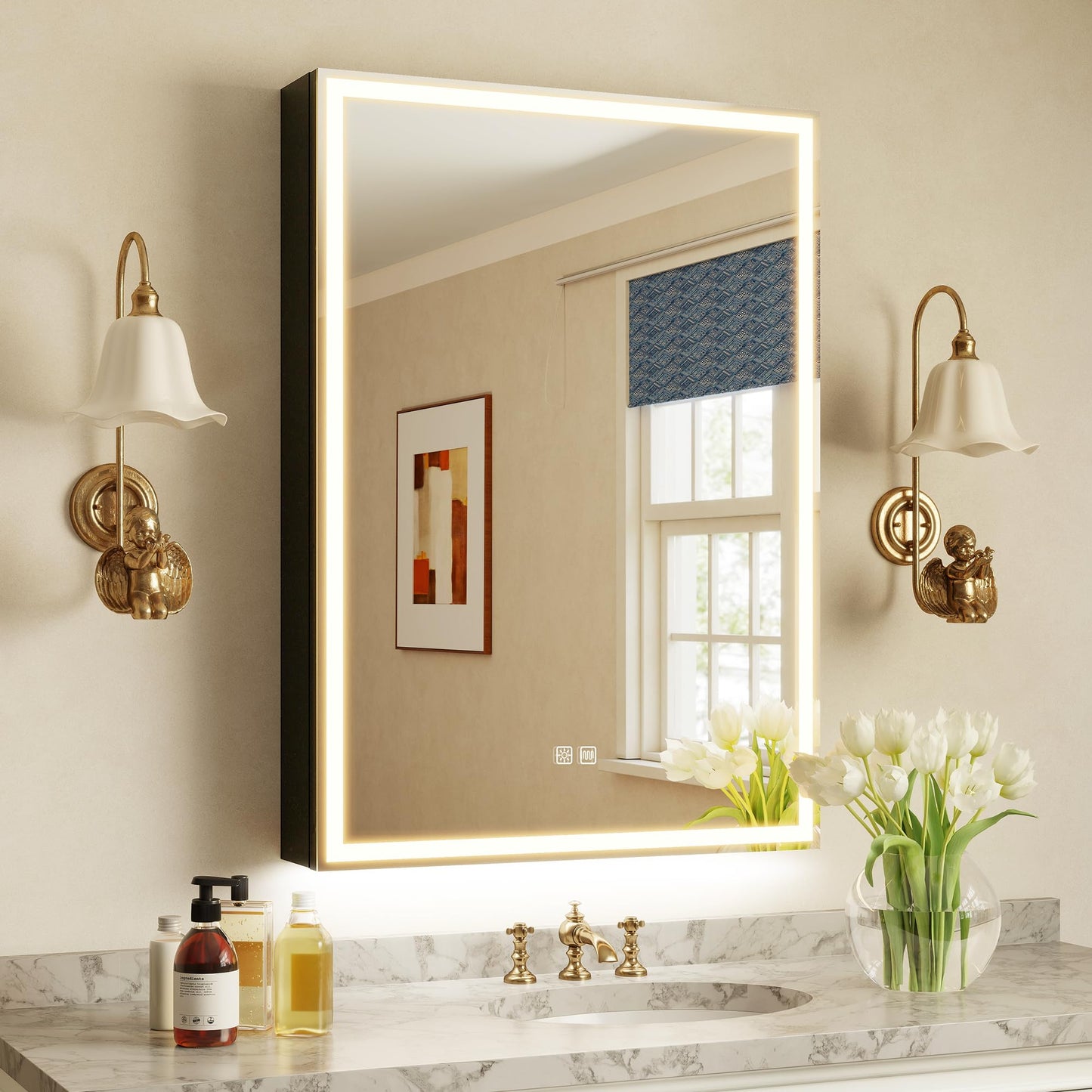 S'bagno Bathroom Mirror Cabinet 500x700mm, Lighted Bathroom Wall Cabinet with Mirror, Aluminium Alloy, Internal socket, Anti-Fog, 3 Colours Dimmable