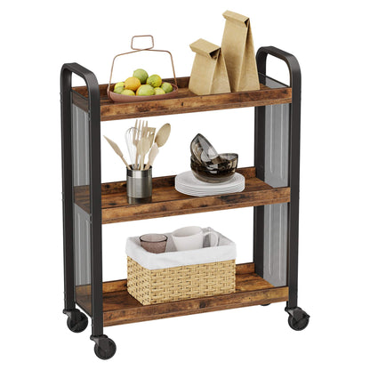 VASAGLE Industrial Style Lunch Trolley, Space-Saving Trolley Fixed or with Universal Wheels, Kitchen Shelf with Iron Frame, 66 x 26 x 85 cm, Vintage Brown LRC66BX