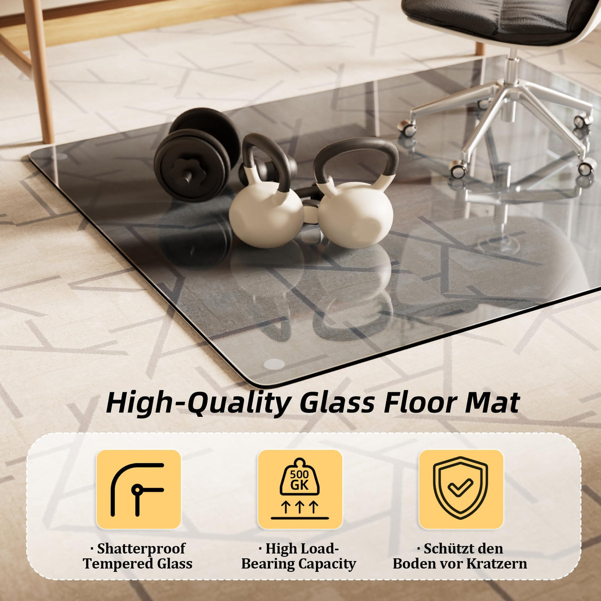 Koonmi Tempered Glass Chair Mat, 116 x 90 cm, Grey