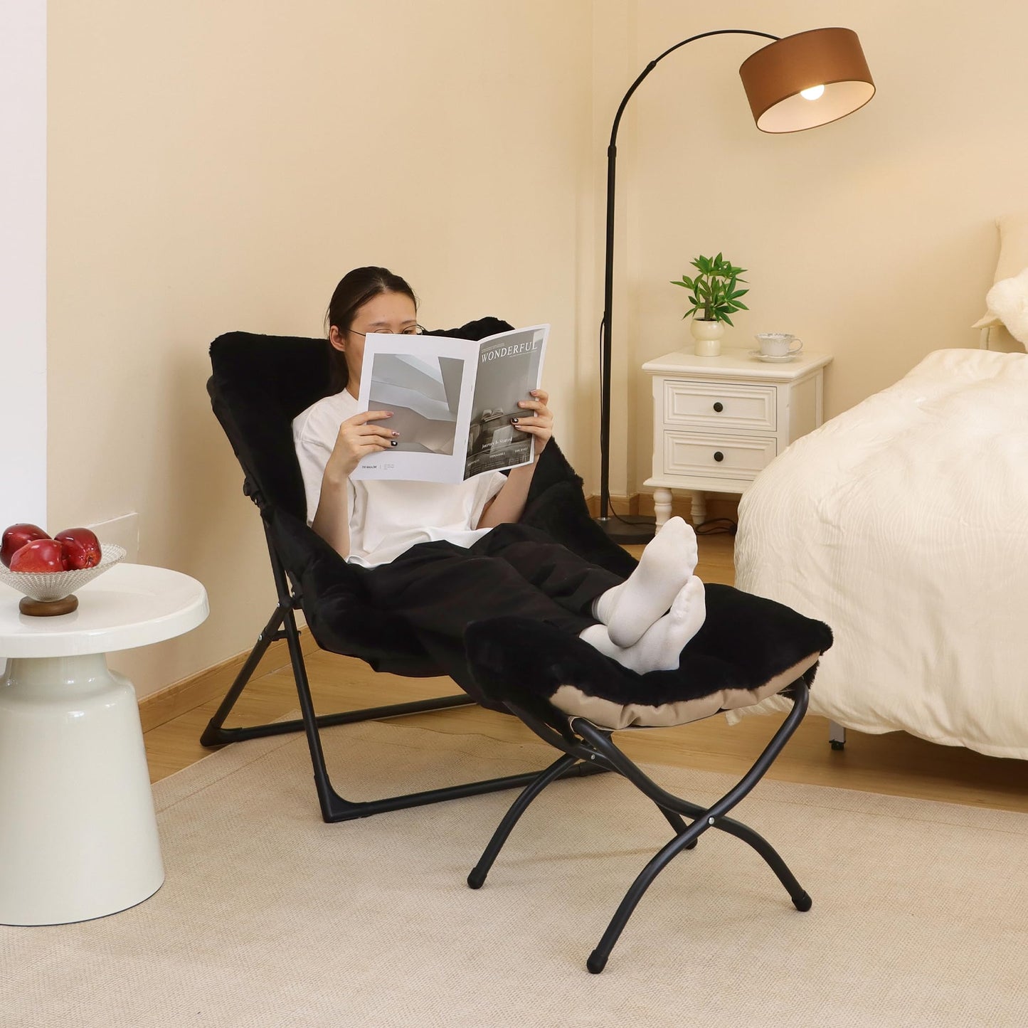 Mordchil EU Folding Saucer Chair, Comfy Faux-Fur Reading Chair, Foldable Oversized Accent Chairs for Teens, Adults