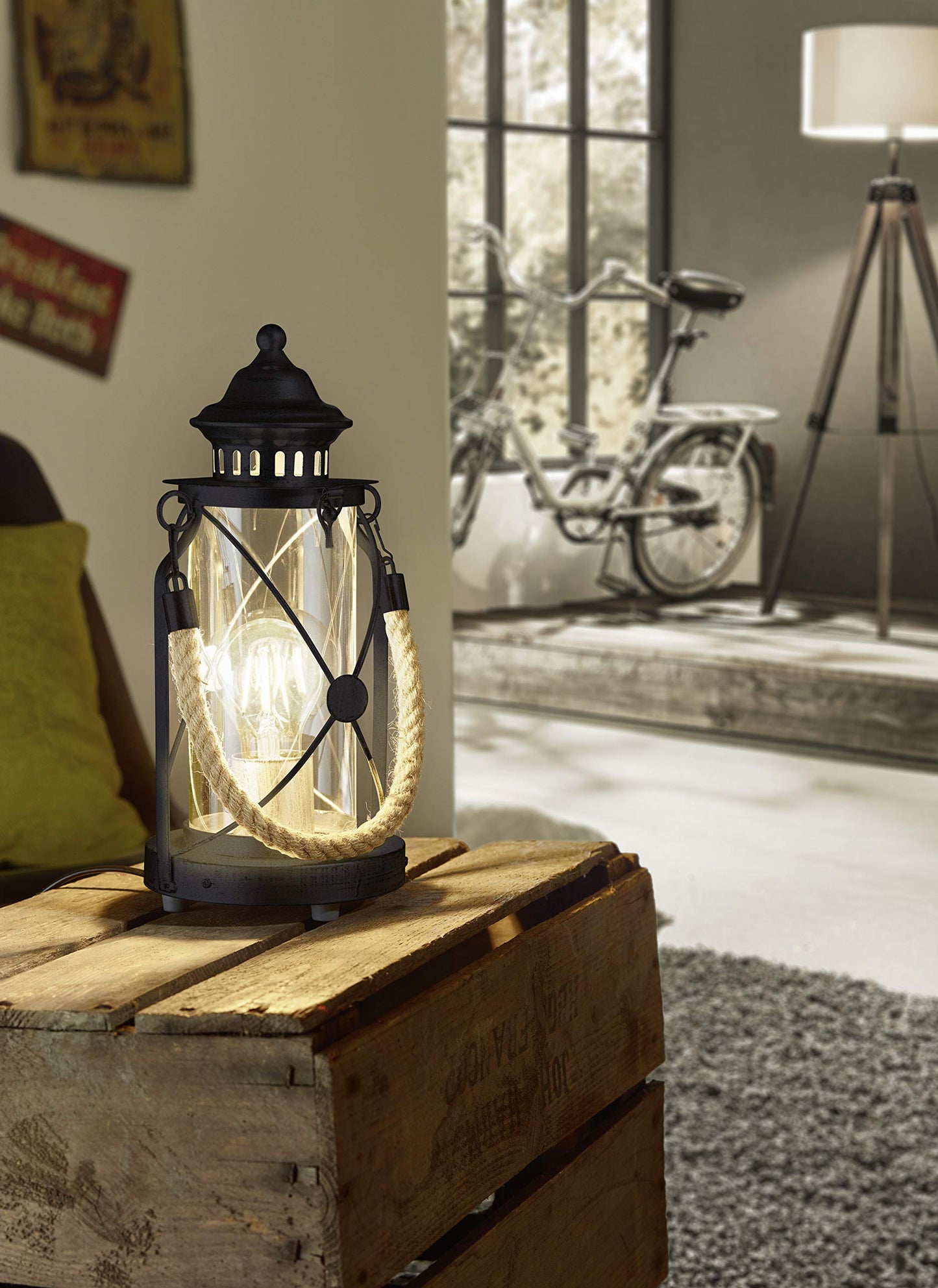 Eglo Bradford Table lamp, 1-Flame Vintage Table Light, Lantern, Bedside lamp Made of Steel, Colour: Black, Glass: Clear, Socket: E27, incl. Switch