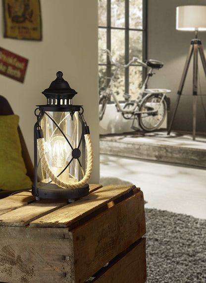 Eglo Bradford Table lamp, 1-Flame Vintage Table Light, Lantern, Bedside lamp Made of Steel, Colour: Black, Glass: Clear, Socket: E27, incl. Switch