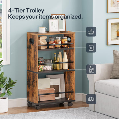 HOOBRO Slim Storage Trolley, Narrow Kitchen Cart for Small Space, Slide Out Kitchen Trolley on Wheels, 4-Tier Rolling Utility Cart with Handle