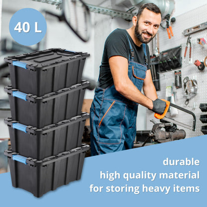 IDEA HOME Set of 5 Storage Boxes 40L with Lid TechBox HD – Heavy-duty Stackable Plastic Containers – Organiser Crates for Garage, Workshop