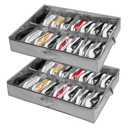 Under Bed Shoe Storage Organiser Set of 2, Fits 32 Pairs Total, Underbed Shoe Box/ Containers w/ Reinforced Handles