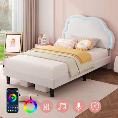 Ball & Cast 3ft Single Upholstered Bed with LED Adjustable Cute Cloud Headboard, Soft Velvet Bed Frame with Solid Wood Slat, No Box Spring Needed