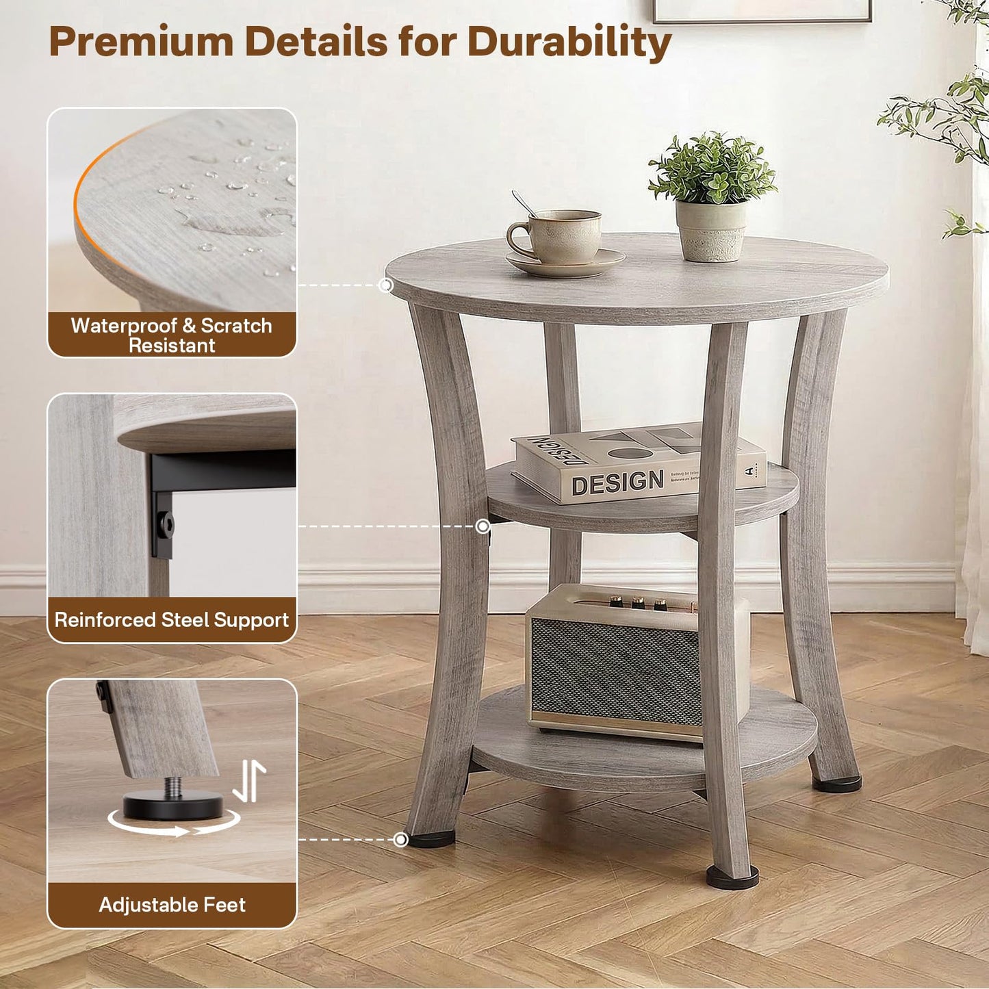 Yuede Round End Table, 3 Tier Side Table with Storage, Farmhouse Wood Side Table, Vintage Sofa Bedside Table Coffee Table for Bedroom Living Room