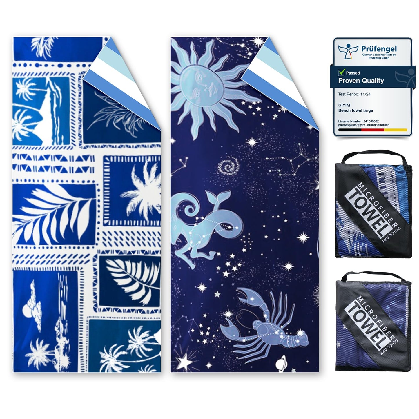 Beach Towels For Adults Extra Large - 2 Pack 200x90cm Lightweight microfibre beach towel with Mesh Bags