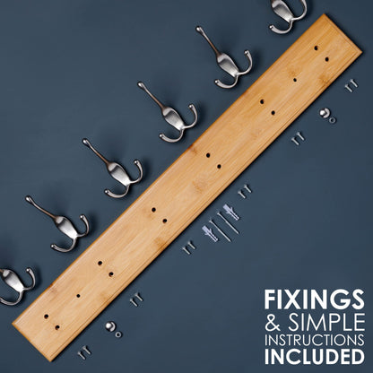 LARHN Wooden Wall-Mounted Coat Rack - 6 Matt-Nickel Coat Hooks, 59cm