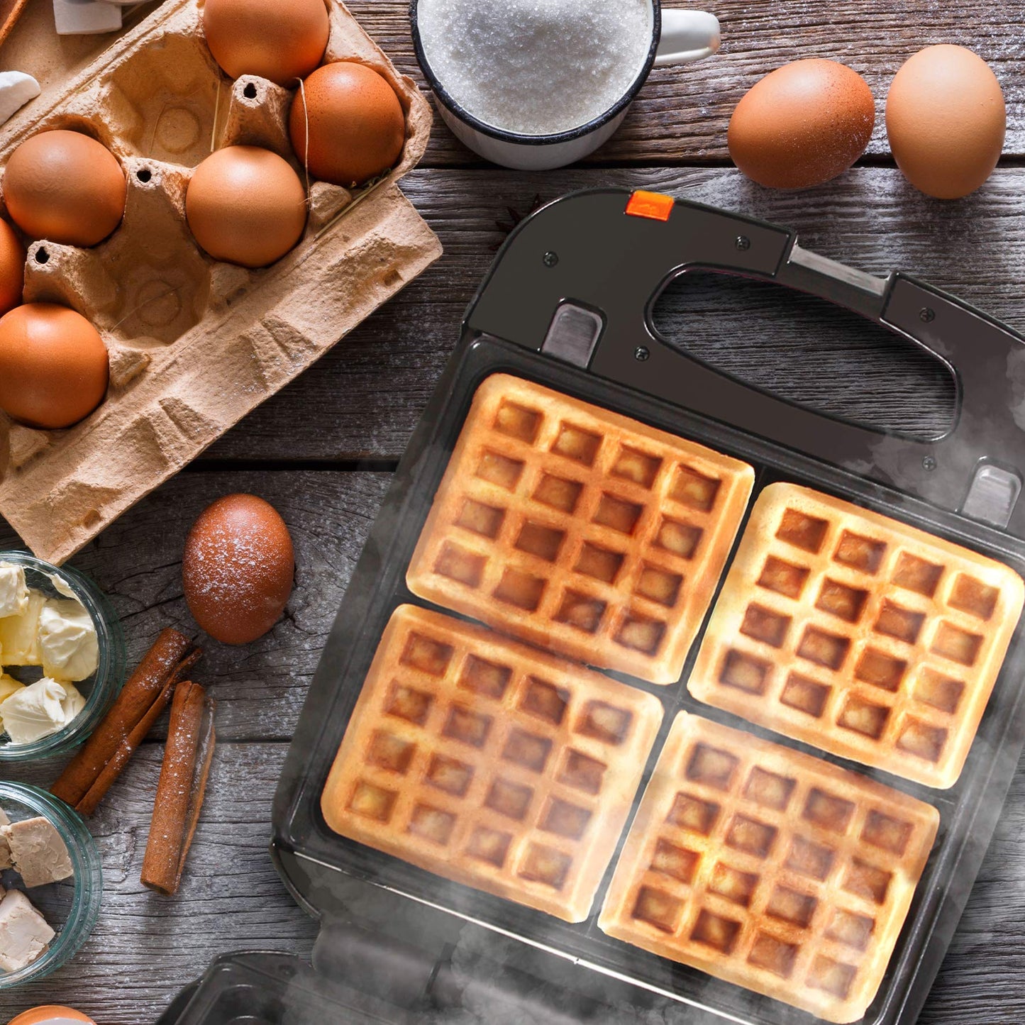 Duronic Waffle Maker WM60 Non Stick Waffle Iron 4 Square Belgian Waffle Makers with Removable Plates Waffle Machine for Croffles & American Style