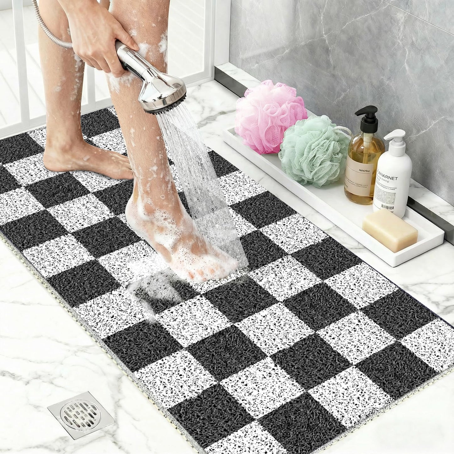 Non Slip Checkered Shower Mats 40x80CM, PVC Loofah Bath Mat for Inside Shower, Quick Dry Soft Bath Mat for Bathroom Floor