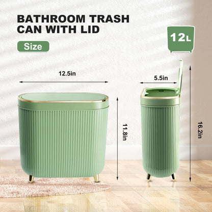 SULIFEEL Bathroom Trash Can with Lid, 3.2 Gallon/12L Green