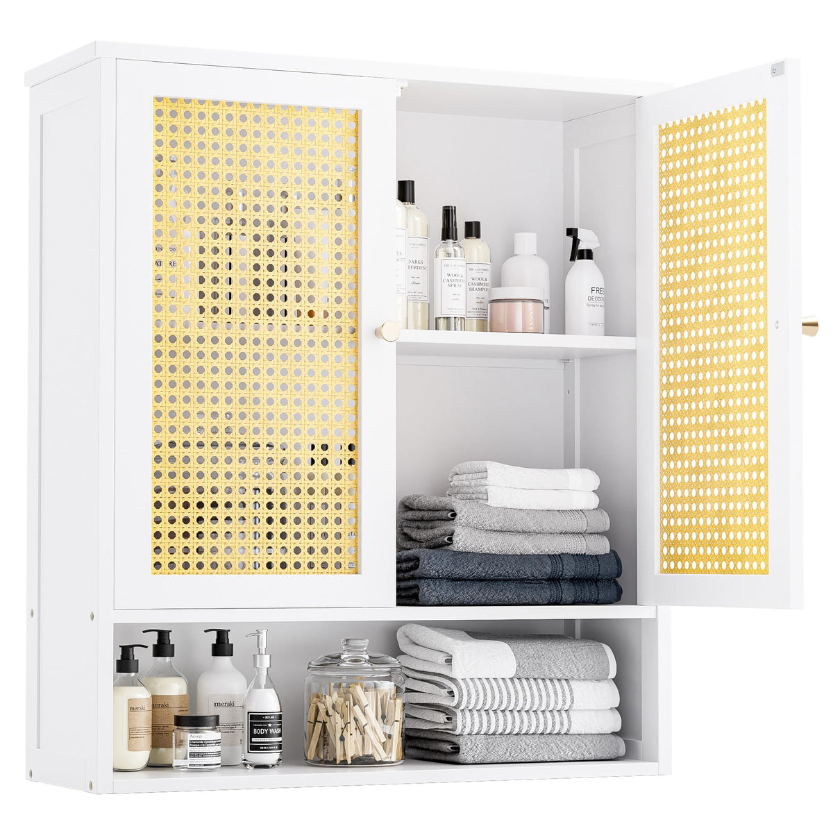 vovala Bathroom Wall Cabinet, Bamboo Over-The-Toilet Storage Organizer with 2 Rattan Doors and Adjustable Shelf