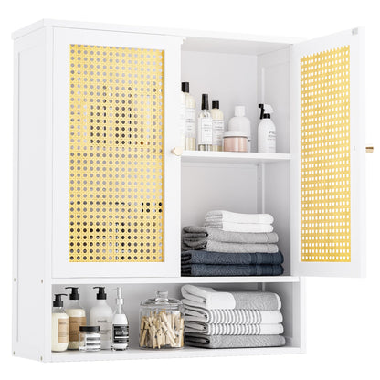 vovala Bathroom Wall Cabinet, Bamboo Over-The-Toilet Storage Organizer with 2 Rattan Doors and Adjustable Shelf