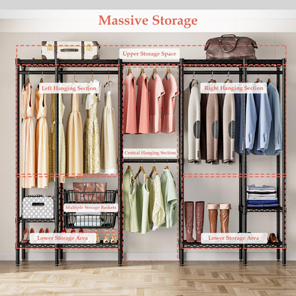 KZOBYD Extendable Clothes Rails with Pull-out Baskets, Length 98-115 inch