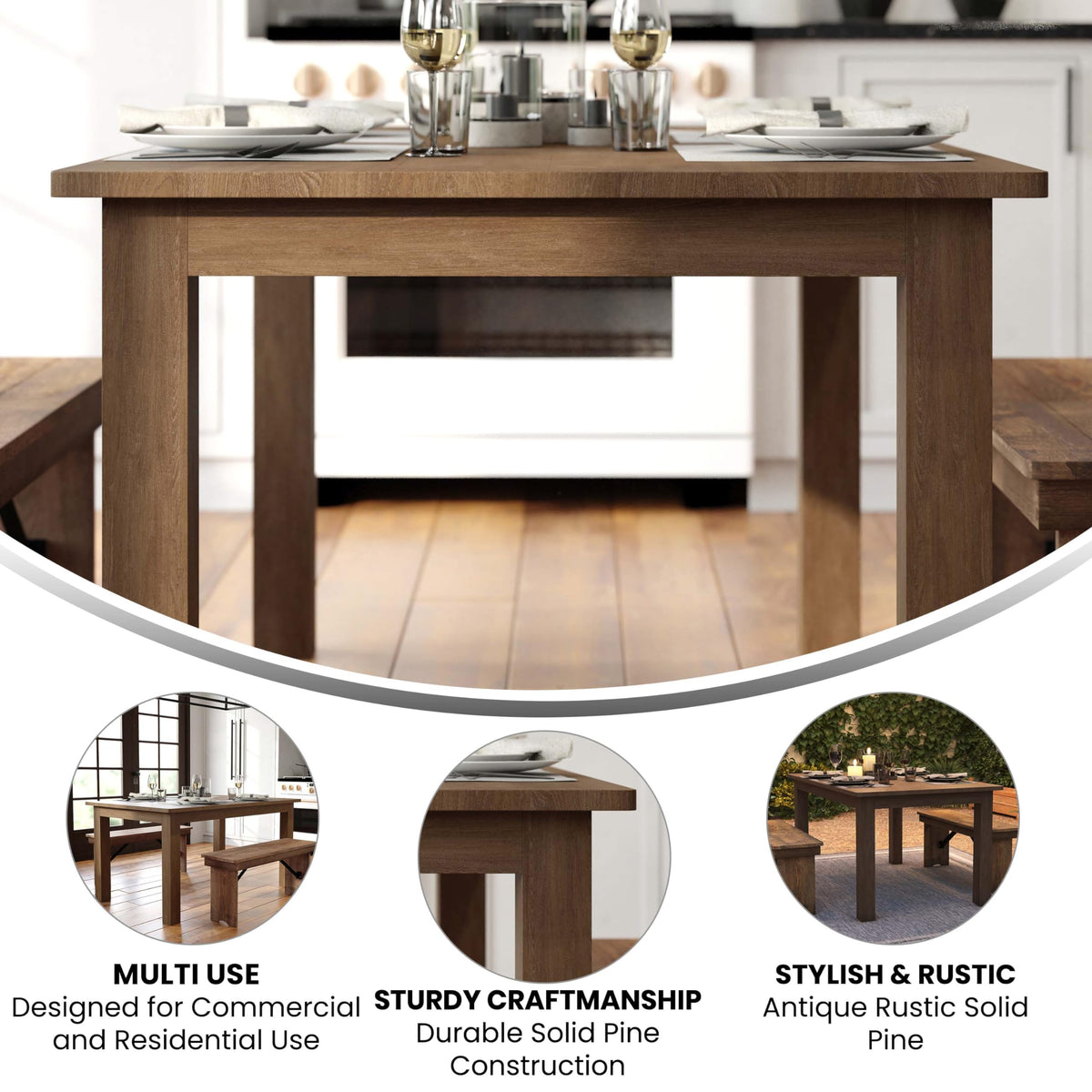 Flash Furniture HERCULES 60" x 38" Rectangular Antique Rustic Solid Pine Farm Dining Table