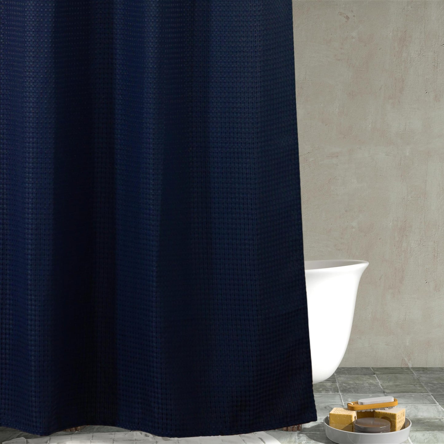 Popkozzi Navy Blue Waffle Shower Curtain: Heavy Duty Textured Fabric Shower Curtain for Bathroom - Water Repellent Washable Thick Polyester Cloth Bath