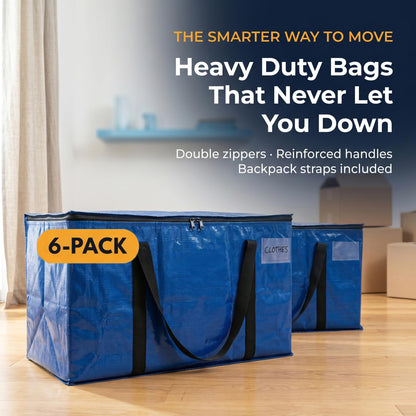 ClearSpace Heavy Duty Moving Bags or Storage Bins with Lids, Blue, 6 Pack