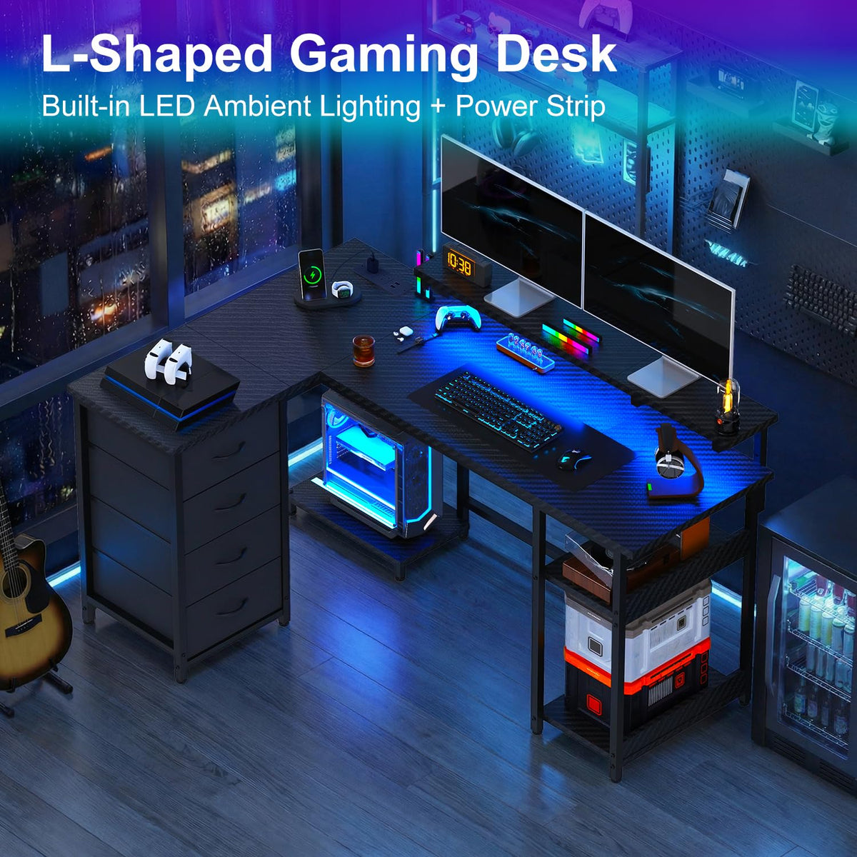 JUMMICO 155cm L‑Shaped Gaming Desk with Monitor Shelf & Power Outlets, Reversible Corner Computer Desk with Drawers & Storage Shelves for Home Office