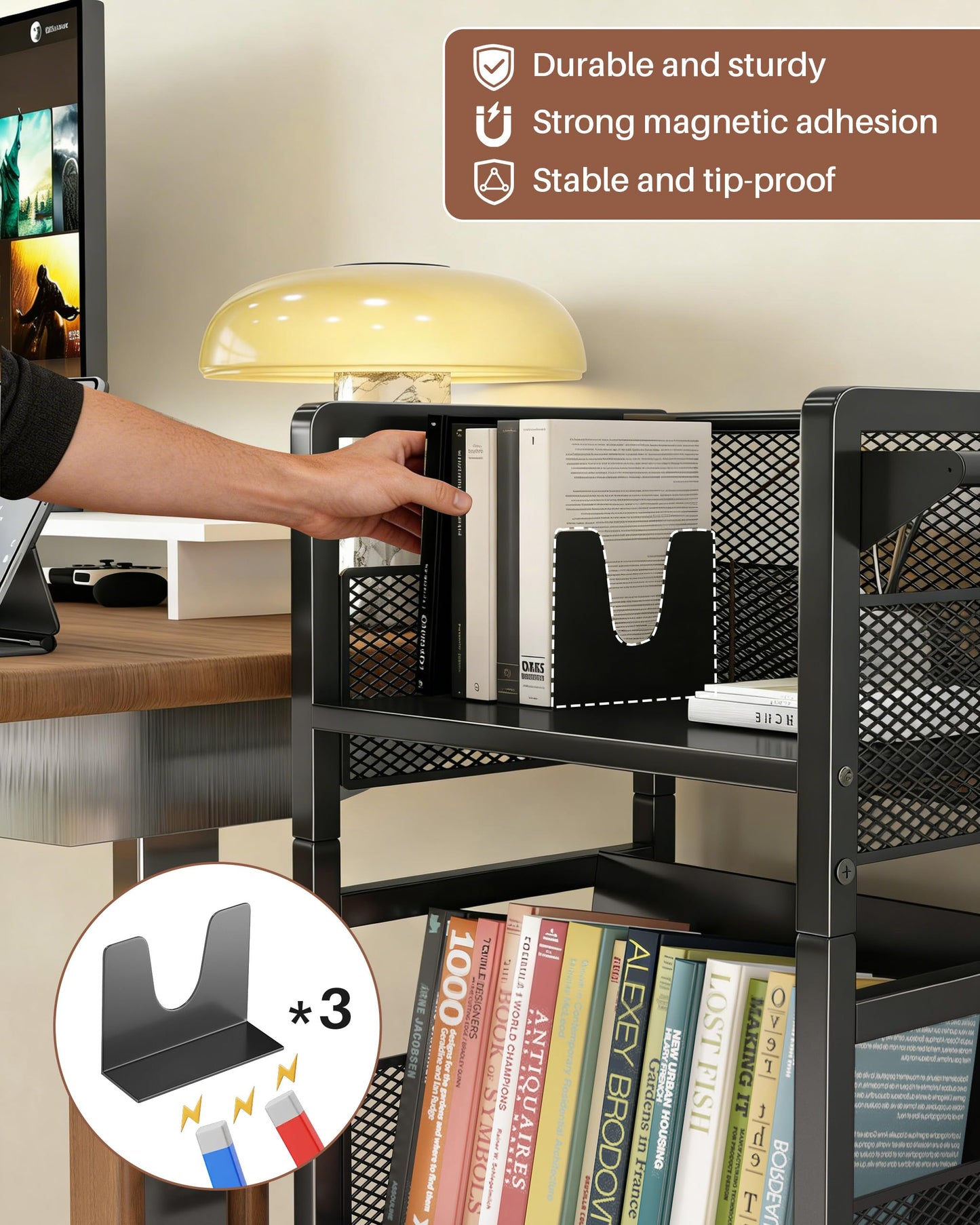 Noskox Mobile Bookshelf with Wheels, Metal 3-Tier Book Trolley