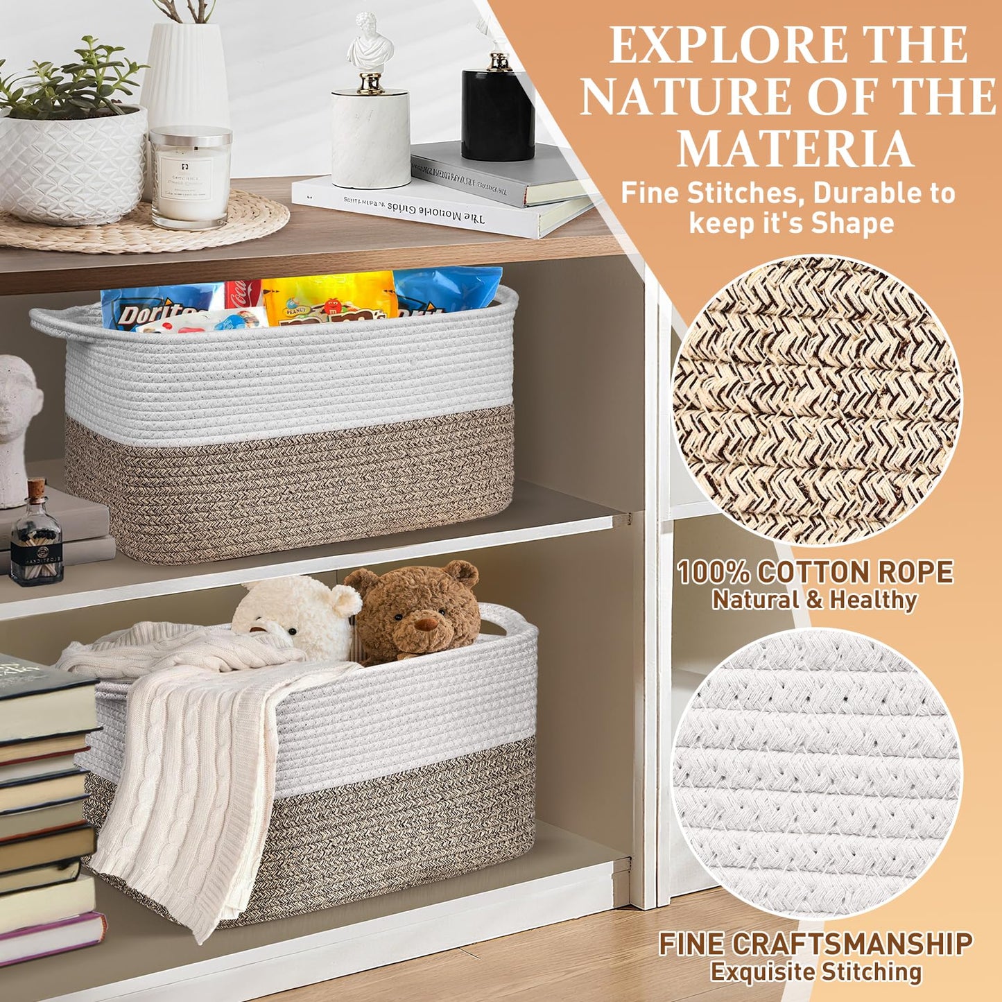 Lychico Cotton Rope Woven Basket with Handles for Shelves,Toys,Book, Cloth Storage Baskets Bin for Organizing