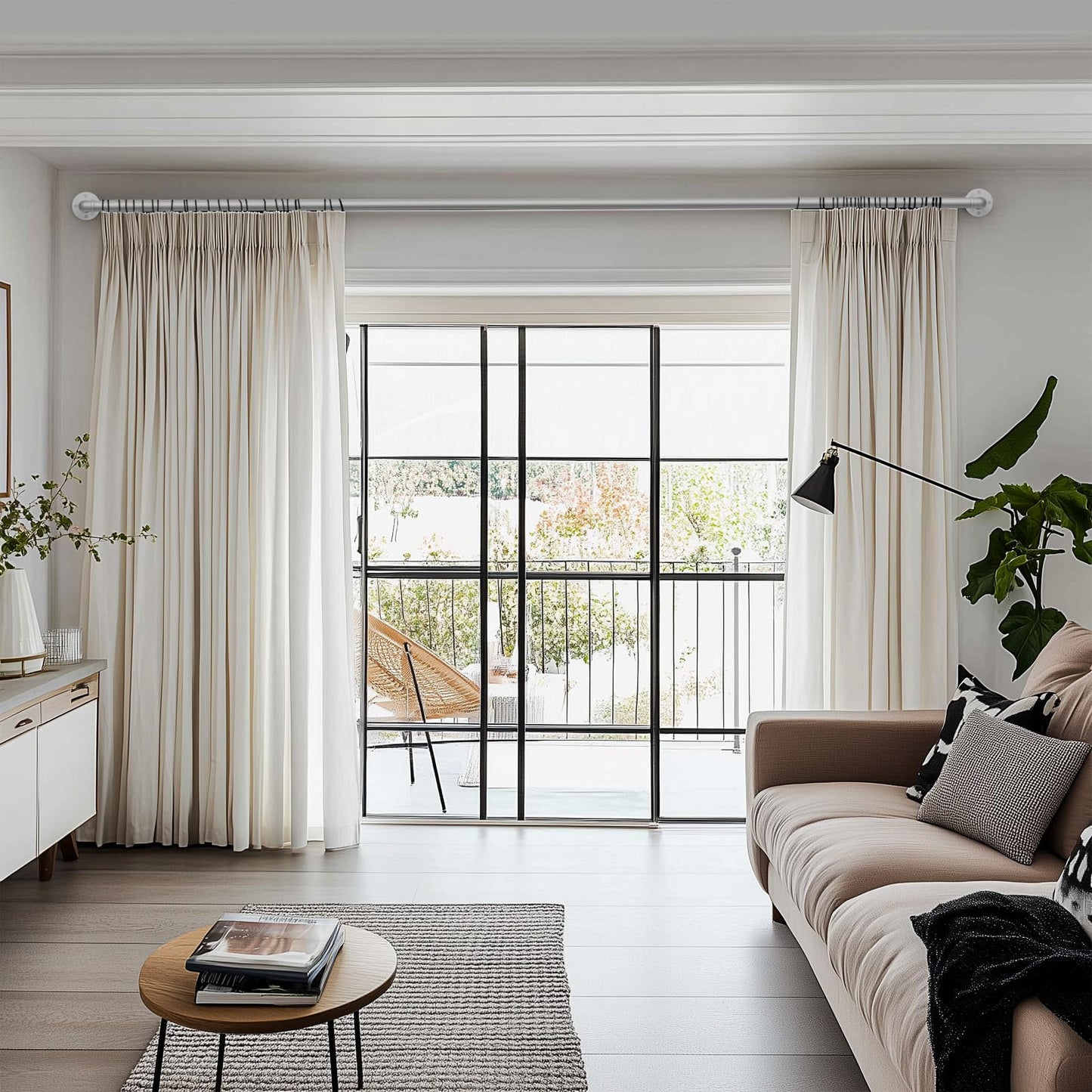 DEFYNEE Silver Curtain Poles, 80-305cm, 25mm Diameter, Extendable, Industrial Style, Wall/Ceiling Mounted, Matte Finish on Metal