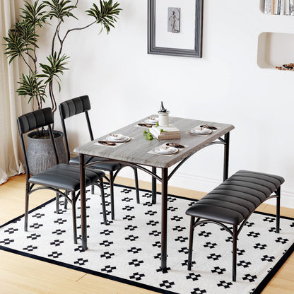 Crevyteg Space-Saving 4-Piece Dining Table Set Modern Industrial Kitchen Table with 2 Chairs and Bench for 4 Seater Dining Room Small Spaces