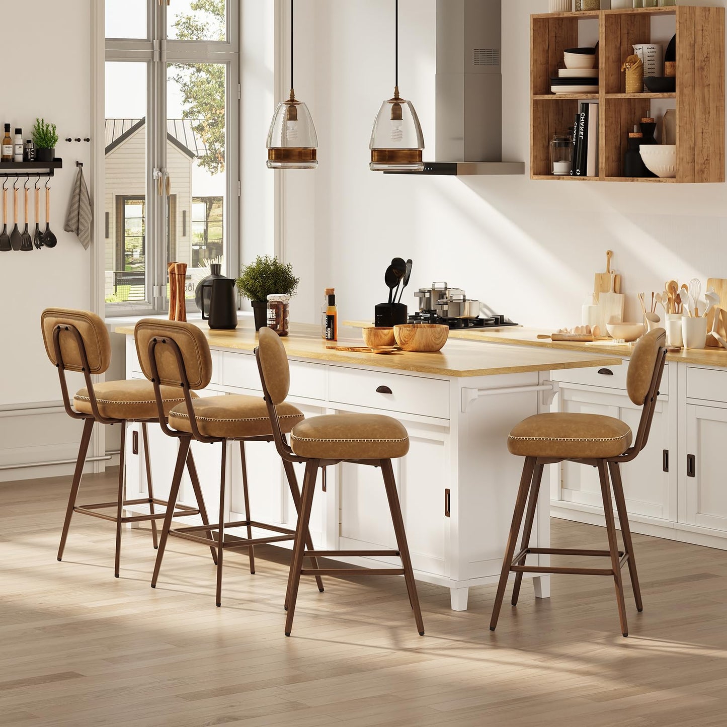 MALOL PU Leather Breakfast Bar Stools Set of 6, Swivel Kitchen Bar Chairs with Backrest and Metal Legs