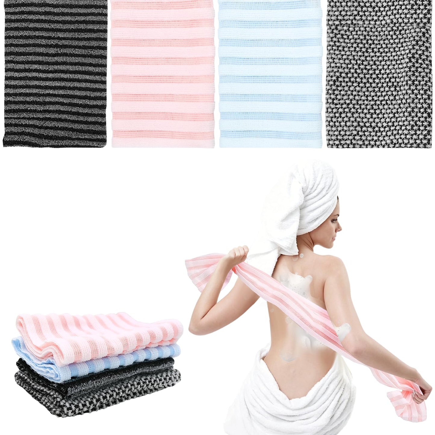 Japanese Exfoliating Shower Towel 4-Pack - Strong Exfoliation Back Scrubber for Dead Skin, Antibacterial Nylon Mesh Washcloth