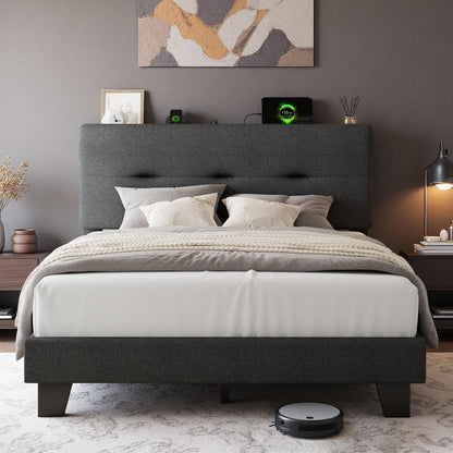 Feonase 4ft Double Bed Frame with Storage Linen Headboard, Upholstered Bedframe double bed with Charging Station, Sturdy Wooden Slat Support