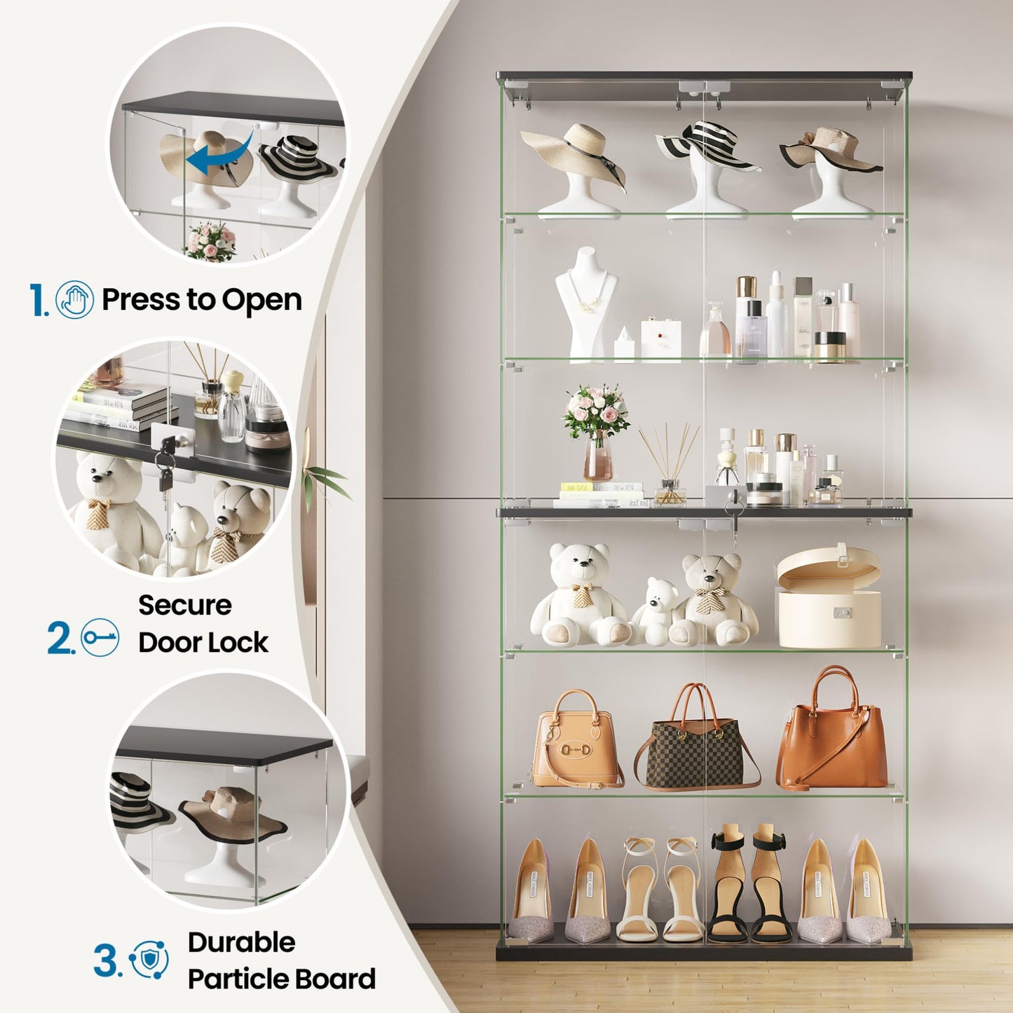 FREDEES Full Glass Display Cabinet with RGB Lights, 6-Tier, Black