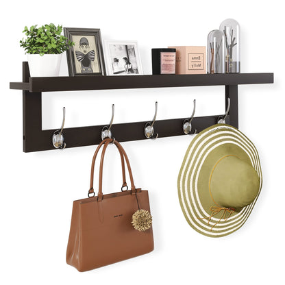 SMIBUY Coat Hooks with Shelf Wall-Mounted, 74 cm Entryway Coat Rack for Wall, Bamboo Hanging Shelf with 5 Double Metal Hooks for Bathroom, Bedroom
