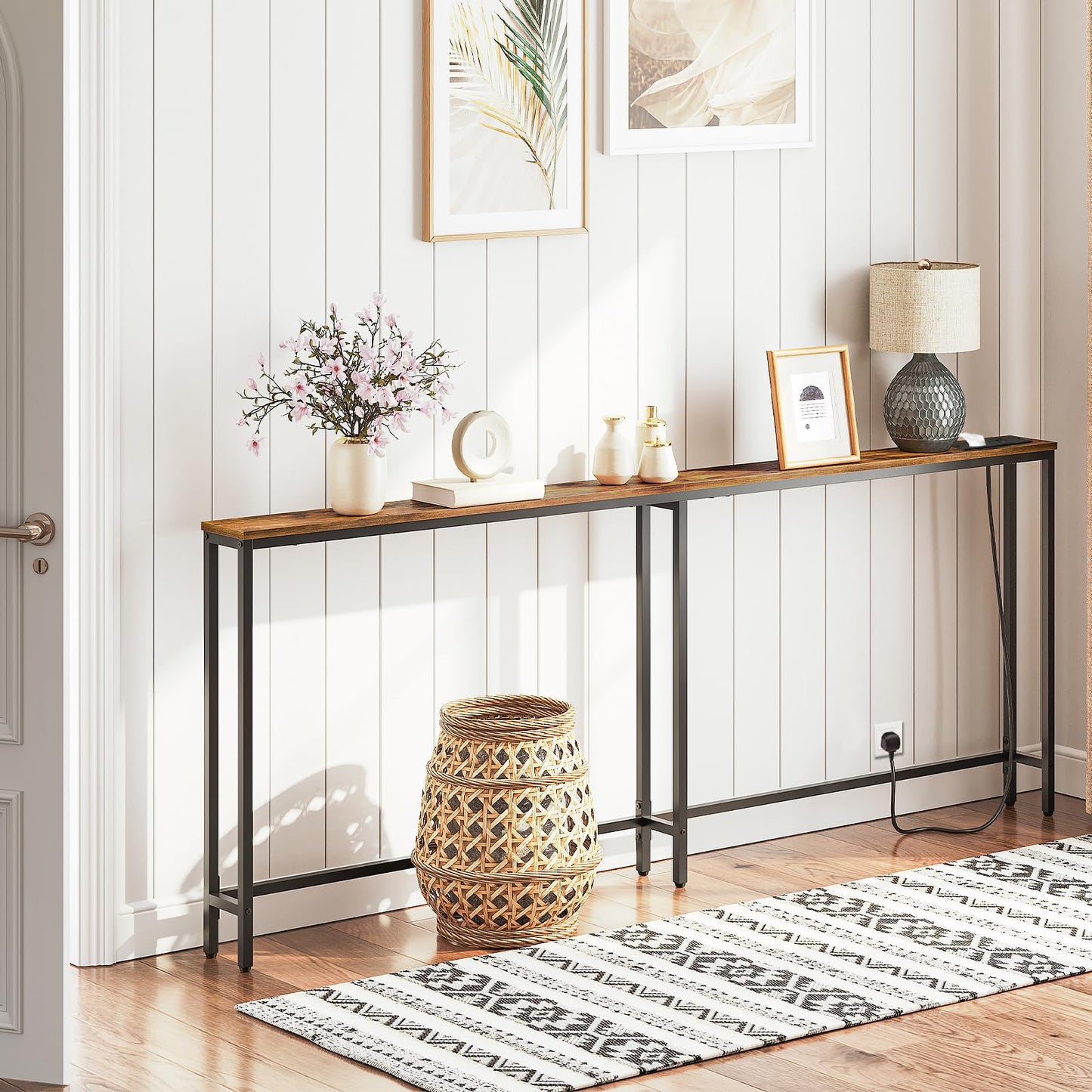 HOOBRO Narrow Console Table with Charging Station, 200 cm Behind Sofa Table, Long Hallway Table, Slim Console Table for Hallway, Bedroom, Living Room
