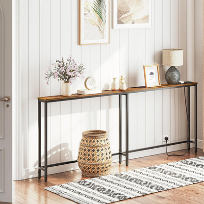 HOOBRO Narrow Console Table with Charging Station, 200 cm Behind Sofa Table, Long Hallway Table, Slim Console Table for Hallway, Bedroom, Living Room