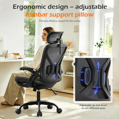 YONISEE Office Chair, Ergonomic Desk Chair with Adjustable Padded Lumbar Support, Flip-Up Armrests, Breathable Mesh Seat