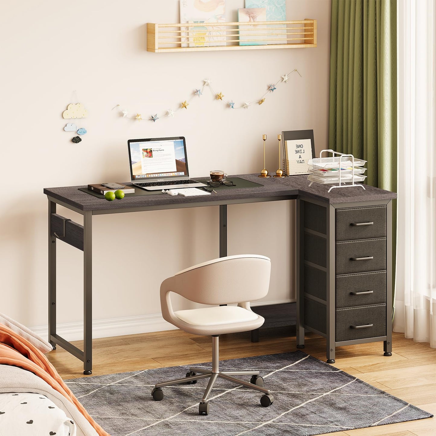 Coleshome Small Corner Desk with Drawers for Home Office, 120x70 cm, Grey