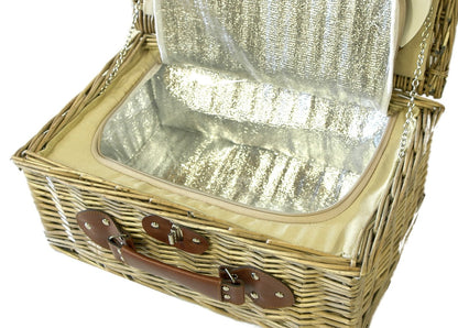 Cream Lined 2 Person Wicker Picnic Basket with Built In Chiller Compartment with Accessories - Ideas for Birthday, Wedding, Anniversary and Corporate