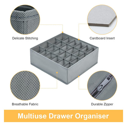 DIMJ 3 Pack Drawer Organisers 24 Cells Sock Organiser Foldable Underwear Drawer Organiser Fabric Drawer Divider Storage Boxes for Socks, Belts, Grey