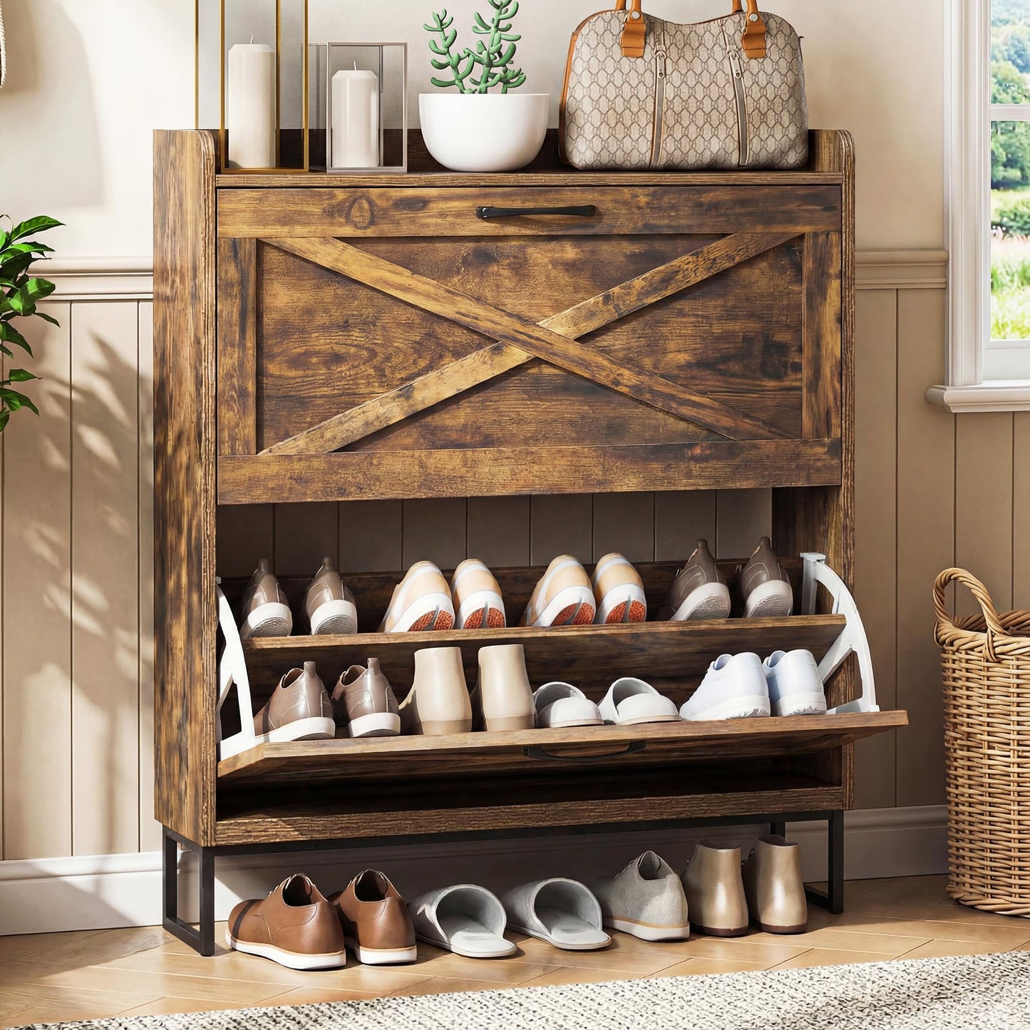 BonVache Rustic Shoe Cabinet 80cm Width For Hallway, Brown Cabinet Shoes with 2 Drawer Can Storage 16-20 Pairs of Shoes