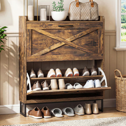 BonVache Rustic Shoe Cabinet 80cm Width For Hallway, Brown Cabinet Shoes with 2 Drawer Can Storage 16-20 Pairs of Shoes