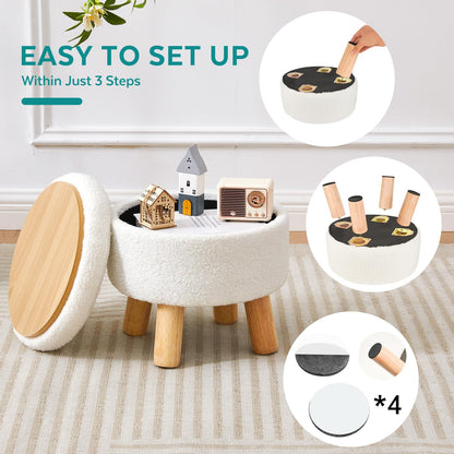 BRIAN & DANY Footstool with Storage, Small Storage Ottoman, Teddy Fleece Round Stool with Lid, Sherpa Foot Stool with Legs for Living Room Entryway