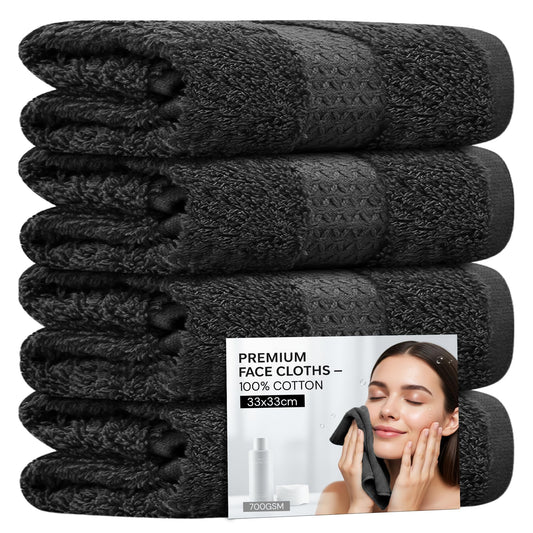 Towelogy? 4 Pack Face Cloths ? 100% Combed Cotton Flannels 33x33cm ? Soft Facial Towels for Cleansing, Makeup Removal & Skincare (4, Black)