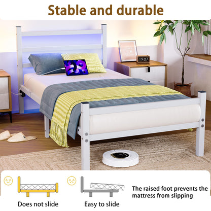 BORPHOM 3ft Single Bed Frame with Headboard & LED Lights,Heavy Duty Metal Platform Bed Frame with Charging Station,Mattress Base/Strong Steel Slats