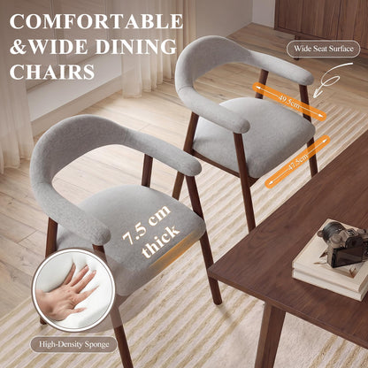 MALOL Wooden Dining Chairs Set of 6, Fabric Chairs for Dining Room with Armrest, Upholstered Kitchen Chairs with Curved Back and Wood Legs for Dining