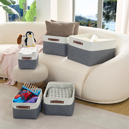 Mangata Woven Fabric Storage Boxes Set of 3, Canvas Storage Organizer for Clothes, Toys, Shelves, Cold Grey&White (Medium, 3Pack)