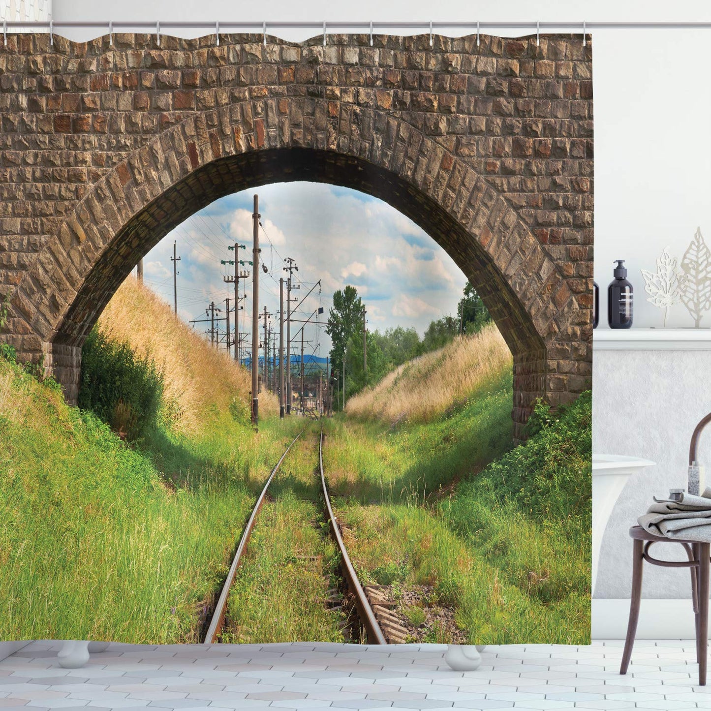 ABAKUHAUS Landscape Shower Curtain, Stone Bridge Old Railway Cloudy Sky Trees Grass Long Journey Tranquil View Print, Cloth Fabric Bathroom Decor Set