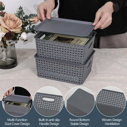 Lesbin 6-Pack Lidded Storage Baskets, ‌Weave Baskets with Lids, Gray