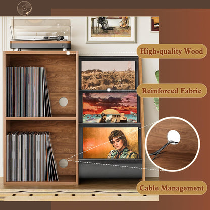 Bikoney Record Player Stand with 3-Tier Vinyl Storage for 220 LPs - Walnut