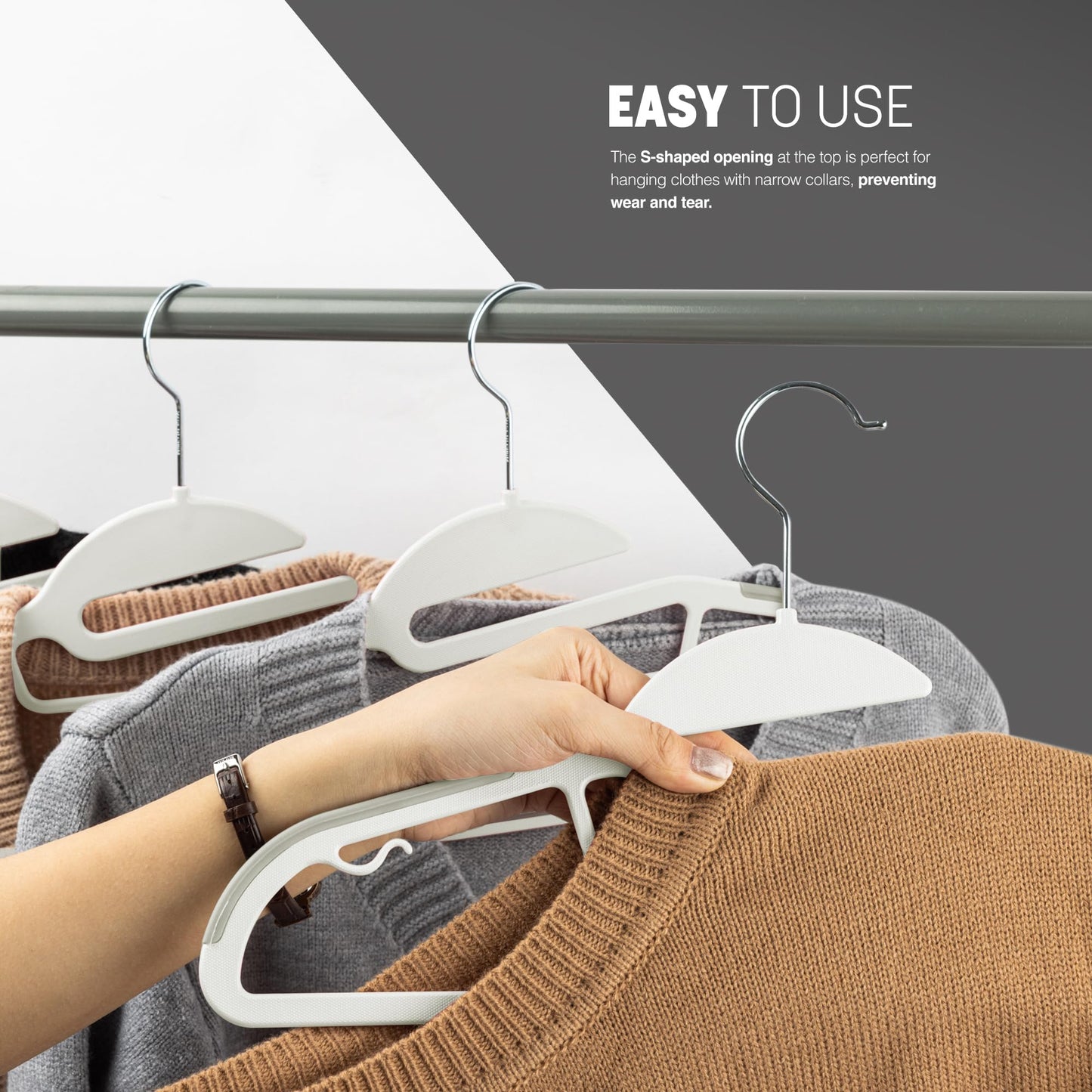 KEPLIN 20-Pack Non-Slip Hangers – Durable, Slimline Design for Space Saving with 360° Swivel, Tie Organiser, Strap Hooks, and S-Shape Opening (White)