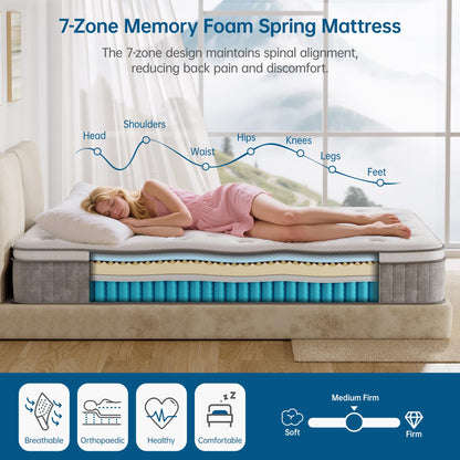 TeQsli 10 Inch 7-Zone Double Mattress, 4FT6 Memory Foam & Pocket Sprung Hybrid Double Mattress for Pressure & Back Pain Relief – Medium Firm